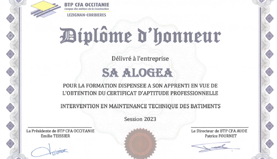 UN DIPLÔME D’HONNEUR POUR ALOGEA !